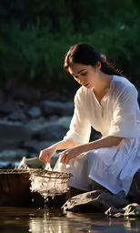 a woman sitting on the ground beside a river