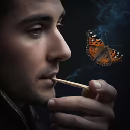 man lighting matches to smoke with butterfly on his nose
