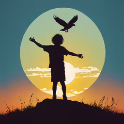 a boy stands on top of a hill, with a bird flying above him,child on a hill with a hawk above