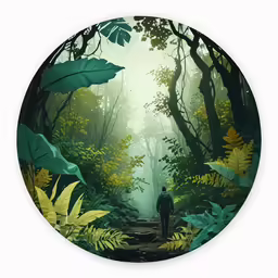 a man walking through the middle of a forest filled with lush green leaves