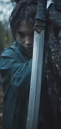 a boy holding onto a sword with a hand
