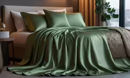 the bed in the bedroom is covered with a green blanket