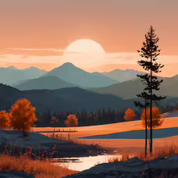 a painting of sunset with mountains and a river,a view of the setting sun in mountains from a field