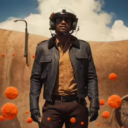 a man standing in front of some orange balls