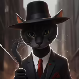 a black cat wearing a suit and a hat holding an umbrella
