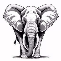 an elephant standing side view in a full body image,an elephant in line drawing on white