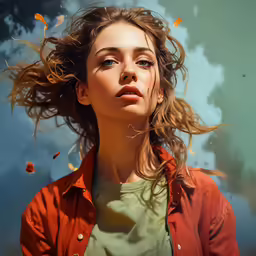 a woman is looking up into the sky with leaves flying all around her