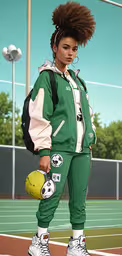 a young black girl dressed in green holding an american football ball and looking straight ahead with long hair,an animated woman stands on a tennis court holding a ball