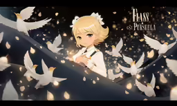 the anime girl is surrounded by white birds