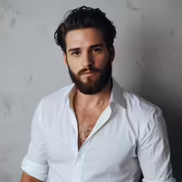 a man with beard in white shirt leaning on wall