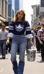 a woman in blue jeans is walking down the street