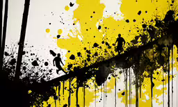 a piece of art that has been painted yellow and black,a yellow and black poster depicting a person riding a bike