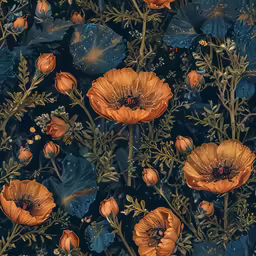a field full of orange flowers on top of green leaves
