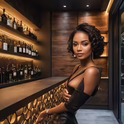 a woman posing in a dress by a wine bar