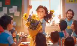 a child holding flowers and smiling with her dad