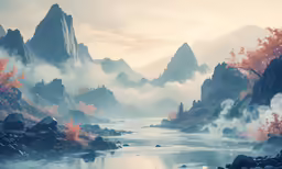 an animated video game scene with fog and clouds in the background