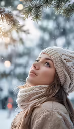 woman in winter hat and scarf standing near a fir