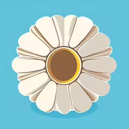 a coffee cup on the inside of a daisy,a single flower with a coffee colored center,an image of a flower that has been placed on the ground,an abstract flower shape with an inner part visible,a white flower with a brown center on a blue background