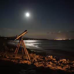 a telescope overlooking the water with moonlight on the horizon