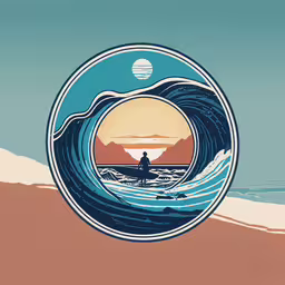 a man is surfing on the water under an orange sun,a painting of waves rolling in and out of a blue, green, orange, and pink colored background