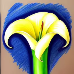 this is a picture of a yellow lily,a yellow flower with some blue and green stems,the yellow flower is growing from the green stem,a yellow flower with a thin green stem,a yellow flower with the stem extending out