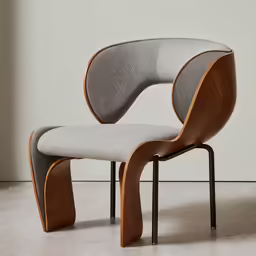the back of a chair with a grey and brown upholstered seat