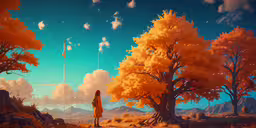 a person standing next to trees with a sky in the background,a woman stands in the middle of a field surrounded by trees