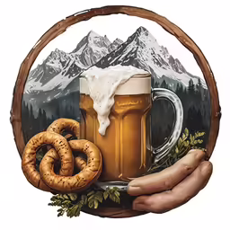 a hand holding up a mug with a pretzel and pretzels in front