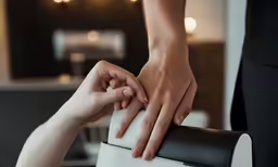 a couple holding hands over a bench