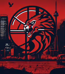 a red and black painting of an eagle on a circle logo,a bird on a large sign near the city