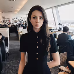 a woman wearing black looks straight ahead in an empty restaurant