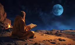 a person in yellow sits next to a fire and reads