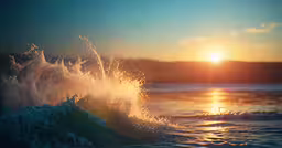 this photo is taken over the ocean with some waves,the ocean sprays in front of the setting sun
