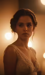 a woman posing for the camera, with candles in the background