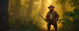 a man stands in the woods holding a rifle,a man with a rifle is standing in the forest