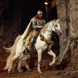 a knight riding on the back of a white horse