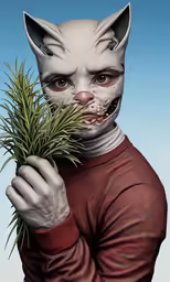 a painting of a man with weird makeup holding a plant
