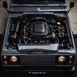 an engine on top of a grey pick up truck