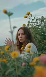 a woman in white shirt sitting in a field with sunflowers