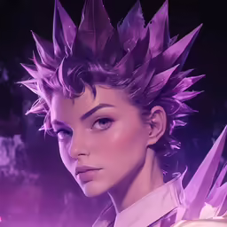 an animation character with very purple hair and spiked bangs