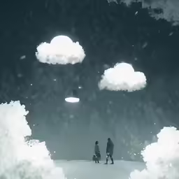 a couple stands near a snowy forest under an illuminated star