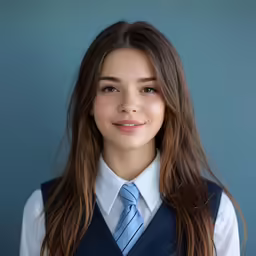a young lady wearing a blue tie and white shirt