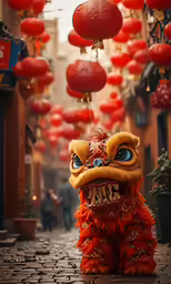 the dragon statue is among the chinese lanterns