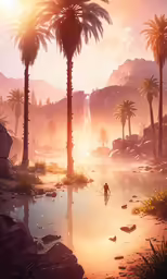 a person walking across a river near trees and mountains