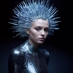 a woman wearing metal paint is standing in the dark