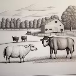 a drawing of a farm scene with cows,this is a pencil drawing of farm animals and livestock