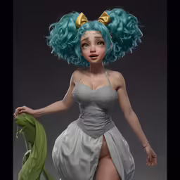 a statue with blue hair and green eyes