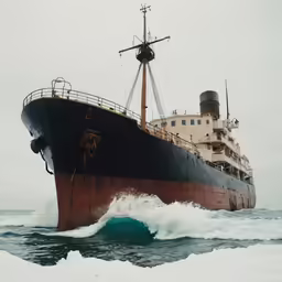 a large brown and black ship in the ocean