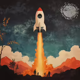 a drawing of a rocket launching on a mountain