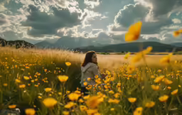 a woman in a field full of yellow flowers